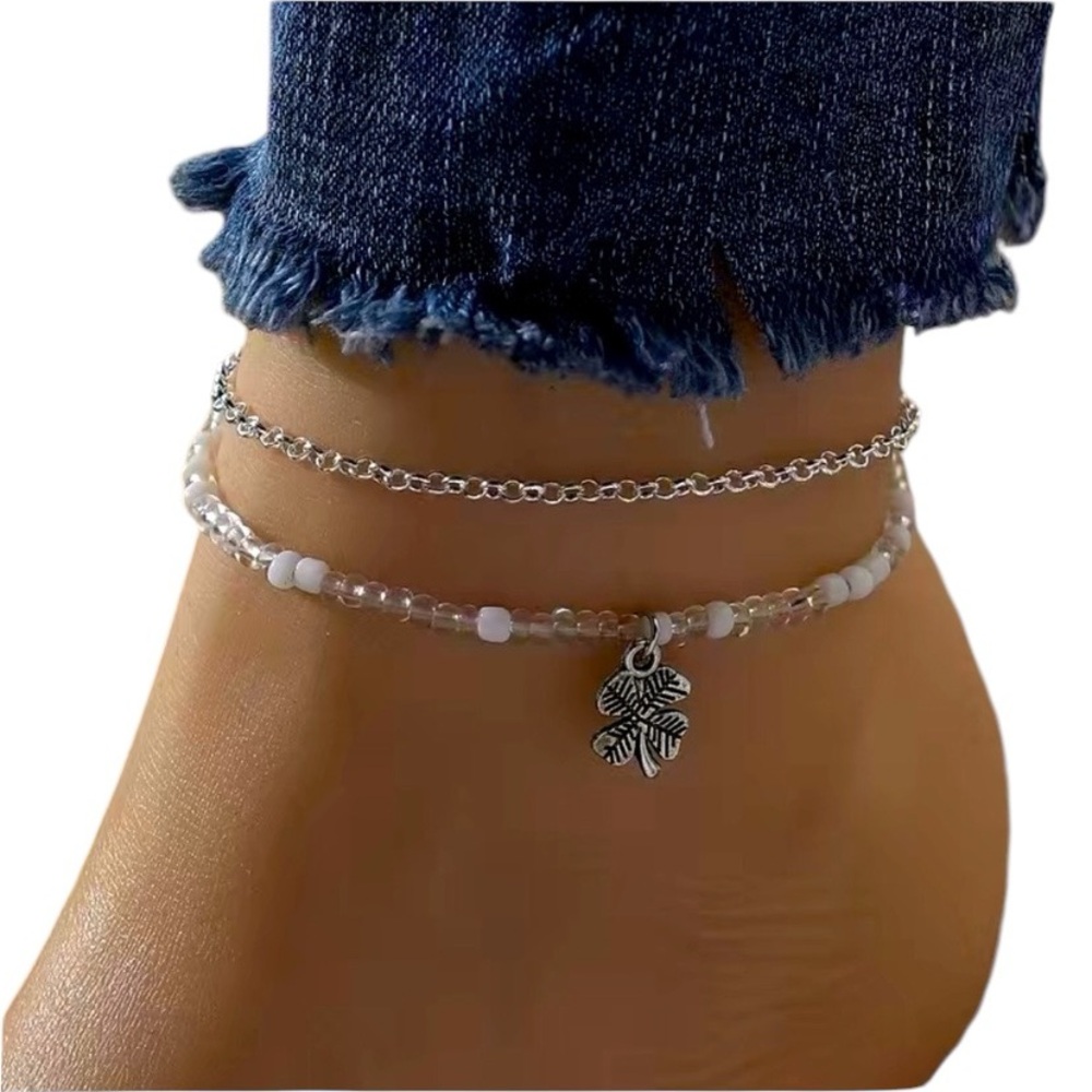 Anklet 2-piece Summer Jewelry Fashion Silver Beads 4 Leaf Clover Luck Charm NEW